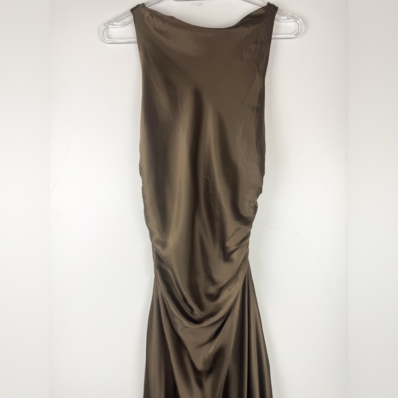 NEW Reformation Backless Satin Dress in Olive - Picture 9 of 13